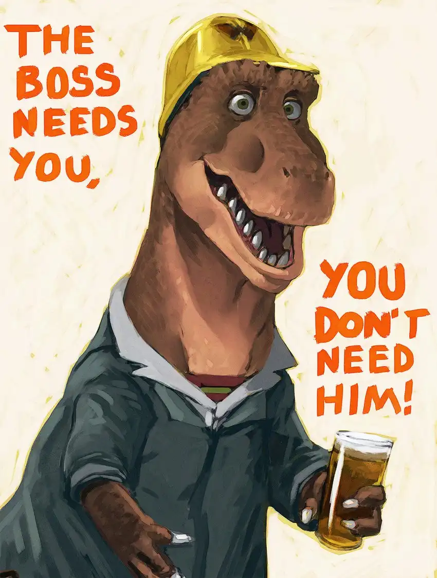 A cartoon T-Rex wearing a yellow hard hat and a dark work jacket holds a beer mug while smiling broadly. Orange text on the…