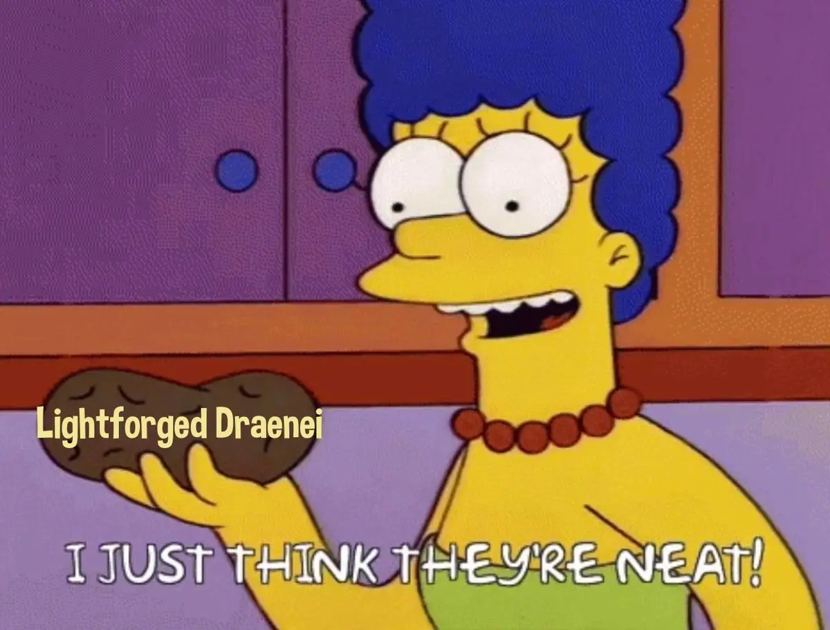 Marge Simpson holds a potato with a smug, overly enthusiastic expression. Text overlaid on the image reads 'Lightforged…