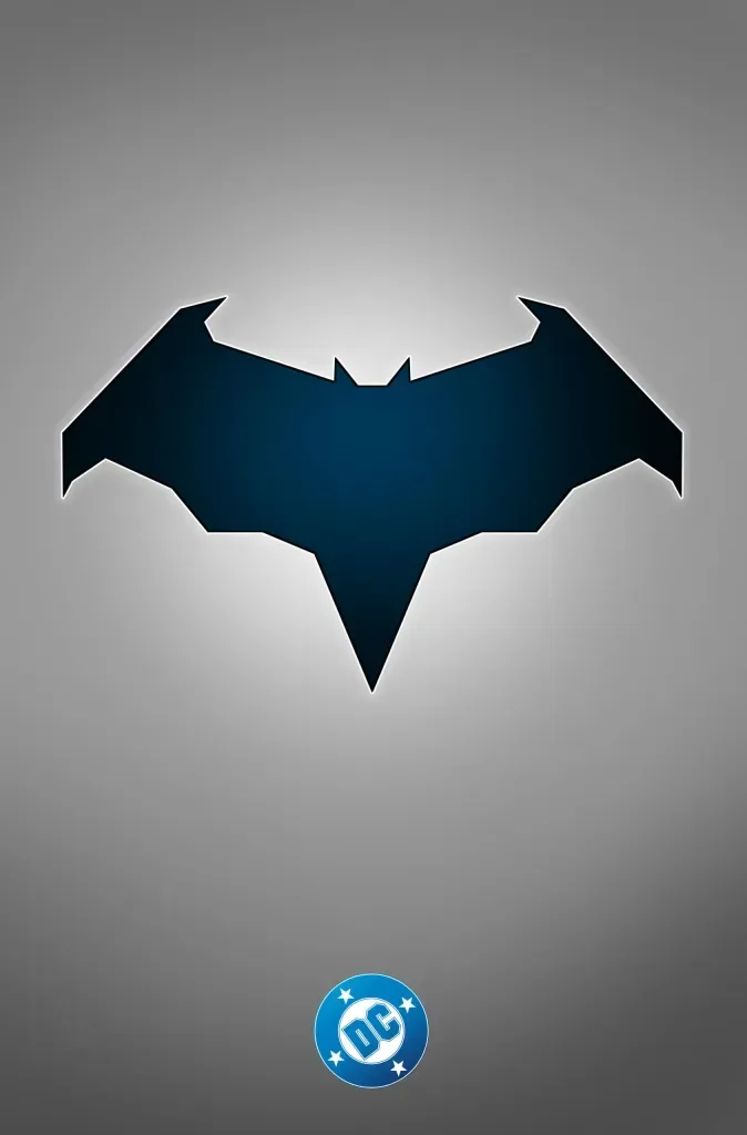 A dark blue bat-shaped logo, resembling Batman's symbol, is centered on a gray gradient background. At the bottom is the…