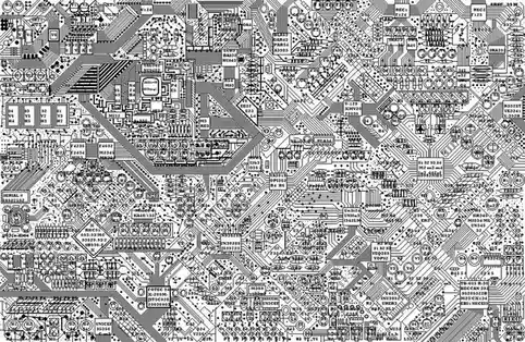 The image displays a dense, intricate black-and-white pattern resembling a complex printed circuit board filled with…