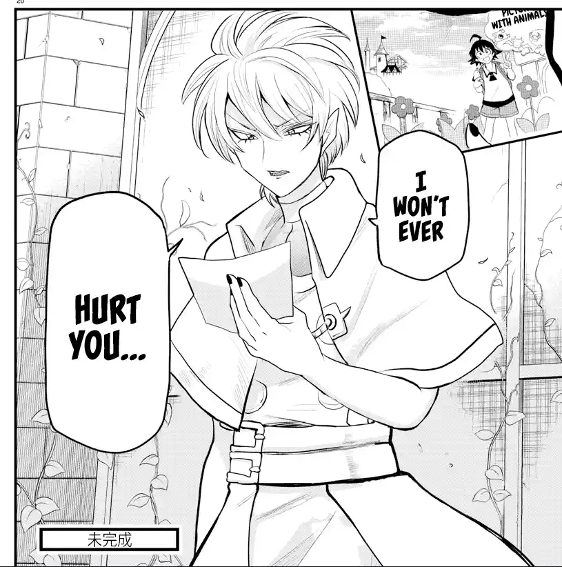A manga panel shows a male character with short hair holding a letter, looking down with a serious expression. Speech…