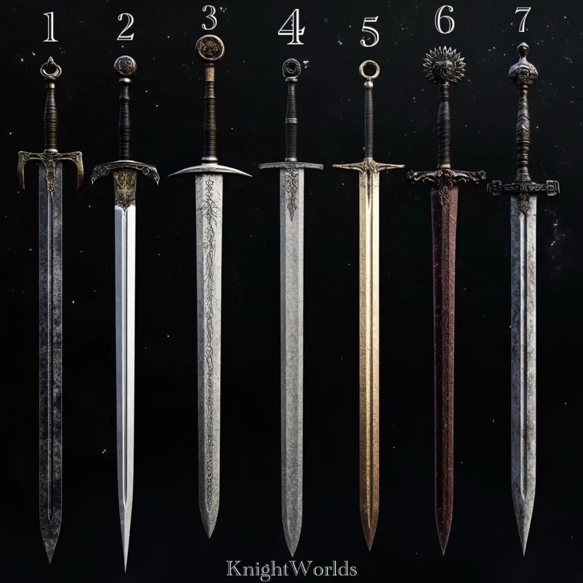 Seven ornate fantasy swords are displayed vertically against a dark, starry background, each numbered 1 through 7 at the…