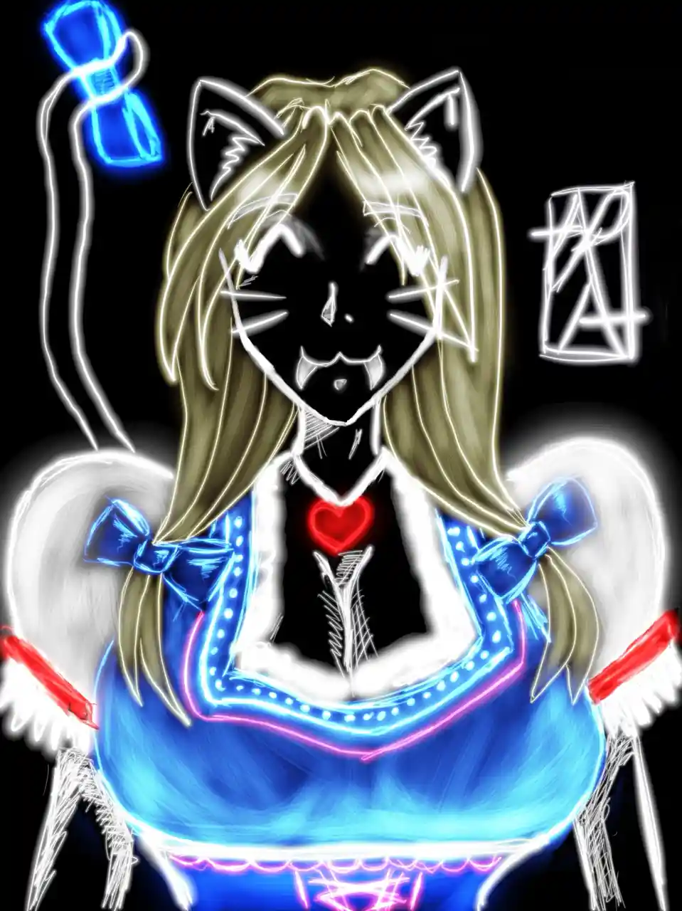 An anime-style character with cat ears, blonde hair, and angel wings, wearing a blue outfit with glowing neon outlines…