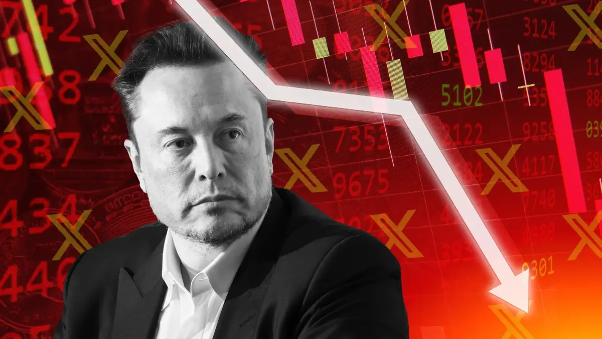 A black-and-white portrait of Elon Musk is superimposed over a red financial chart showing a steep downward trend with…