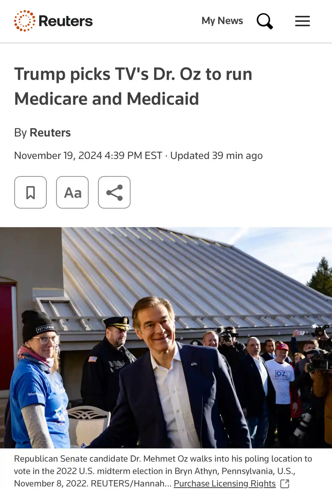 A screenshot of a Reuters news article dated November 19, 2024, with the headline 'Trump picks TV's Dr. Oz to run Medicare…