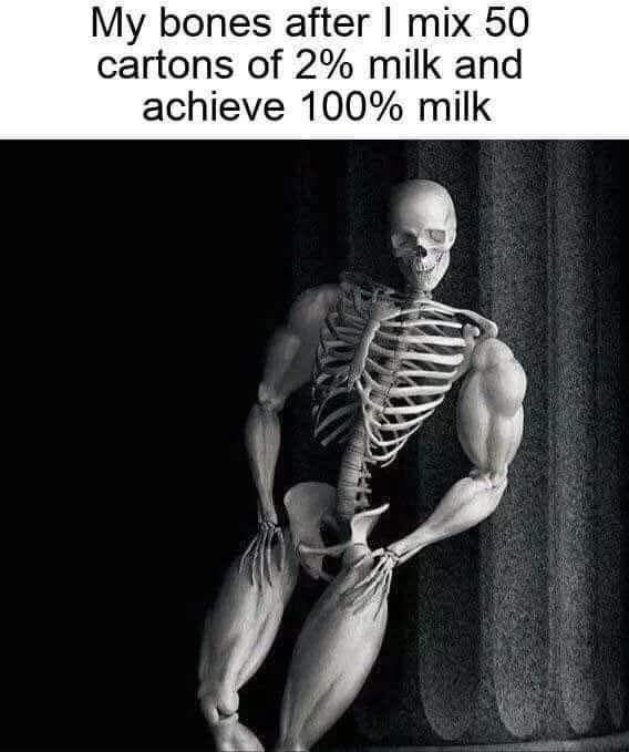 A black and white image shows a human skeleton with exaggeratedly muscular arms and legs, standing against a dark curtain…