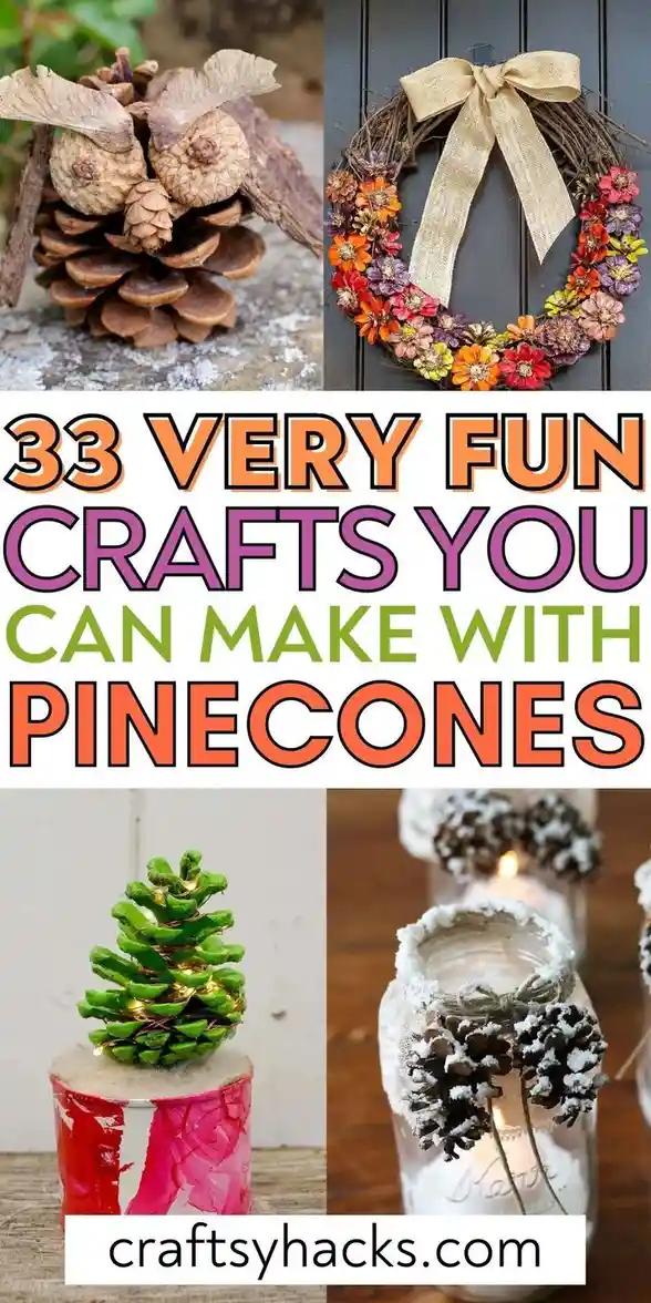 A collage of four images showing pinecone crafts: an owl made from pinecones and bark, a wreath with pinecone flowers and a…