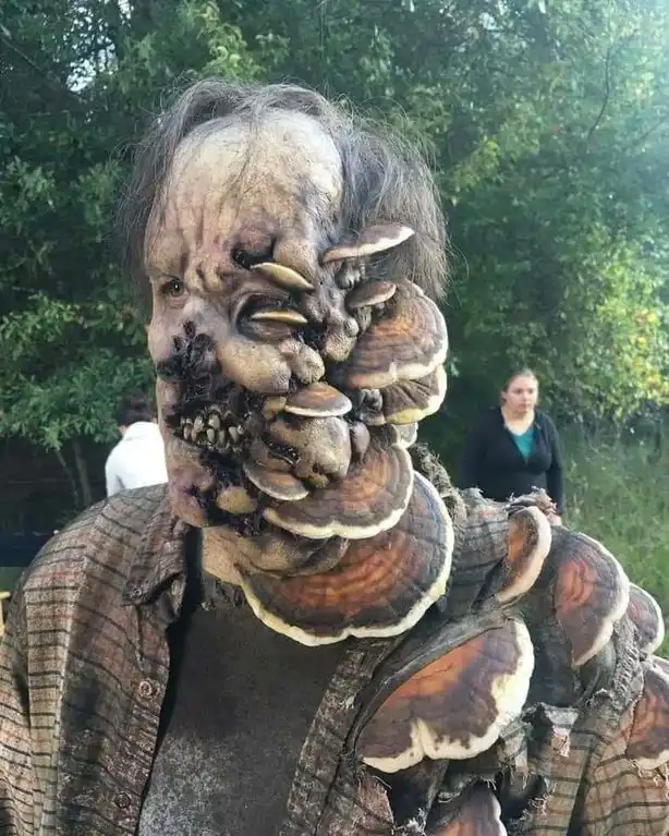 A person outdoors with their face and upper torso covered in large, layered, brown and white shelf fungi, resembling a…