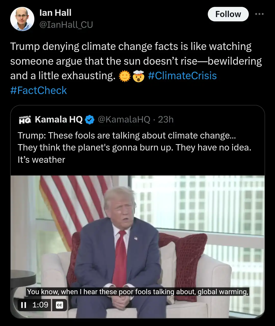 A screenshot of a tweet by Kamala HQ showing a video clip of Donald Trump sitting on a couch with an American flag behind…