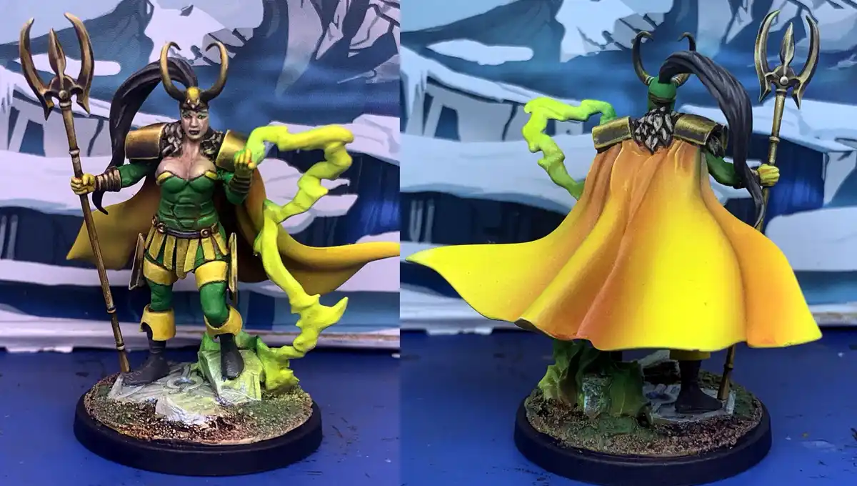 The image displays a split-screen of a painted miniature figurine of a green-skinned, horned female warrior with a yellow…
