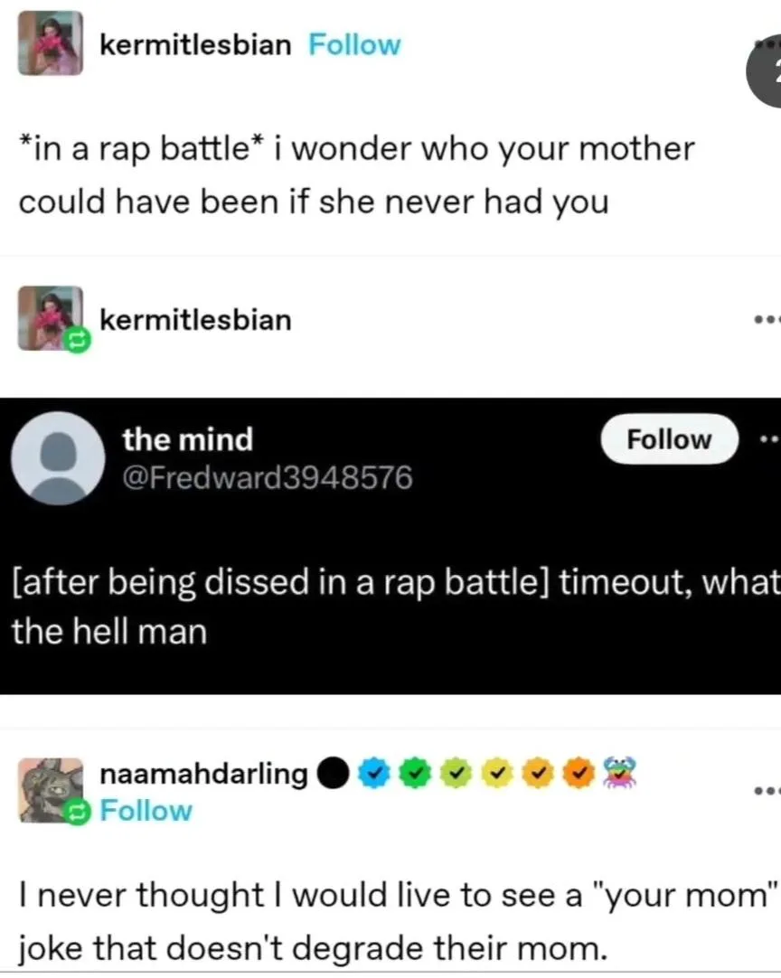 A screenshot of three social media replies in a thread. The first user, 'kermitlesbian', posts a rap battle diss about the…