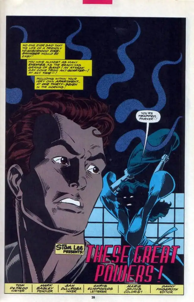 A comic book panel shows Spider-Man in blue, holding a gun and saying 'YOU'RE TRAPPED, PARKER...!' while looming over a…