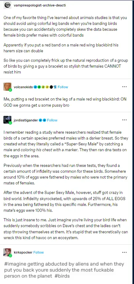 A screenshot of a social media thread discussing a scientific study where researchers found that female birds prefer males…