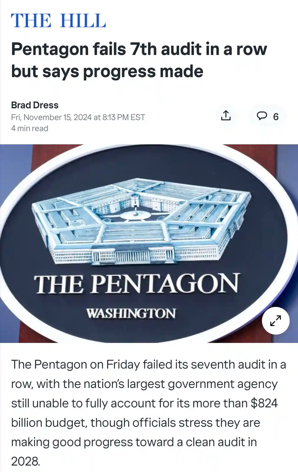A screenshot of a The Hill news article shows a photo of the Pentagon seal, with the headline 'Pentagon fails 7th audit in a…
