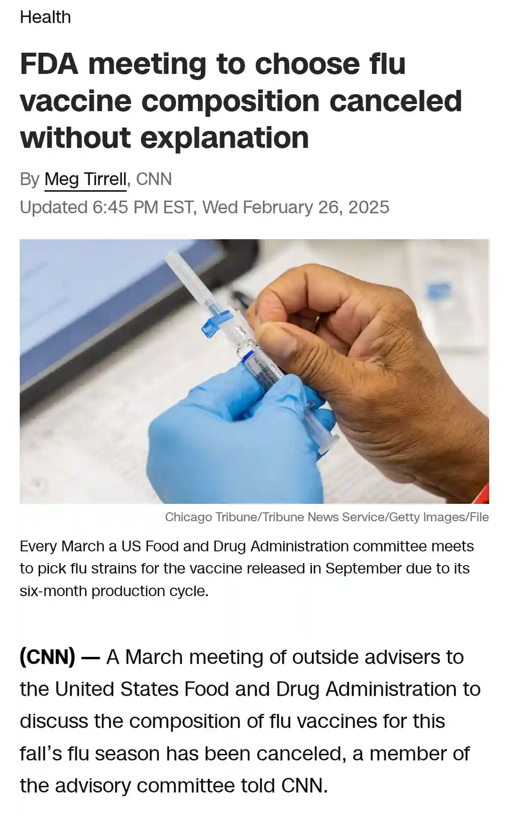 A screenshot of a CNN health article from February 26, 2025, shows a headline about an FDA meeting to choose flu vaccine…