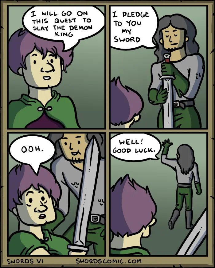 A four-panel comic strip shows a purple-haired hero declaring they will slay a demon king, then receiving a sword from a…