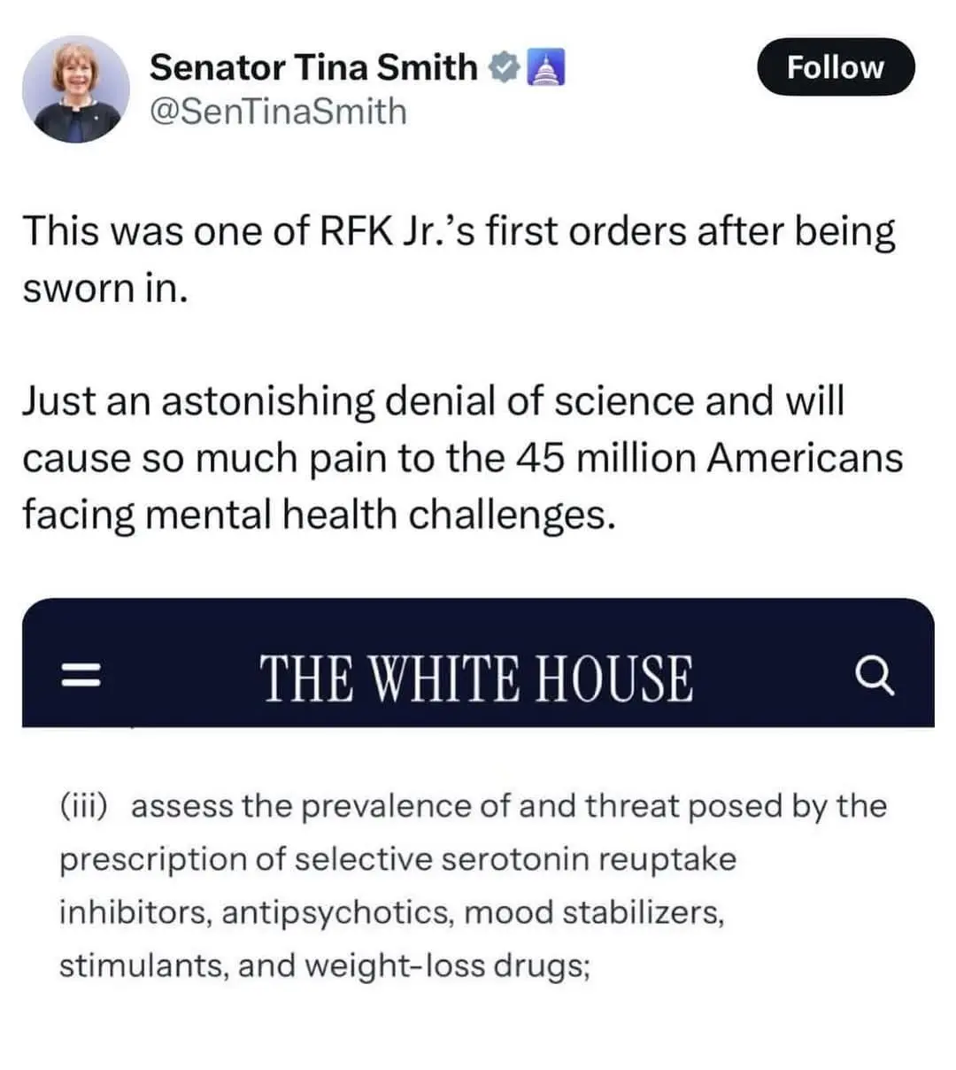 A screenshot of a tweet from Senator Tina Smith criticizing RFK Jr.'s first executive order, which directs the White House…