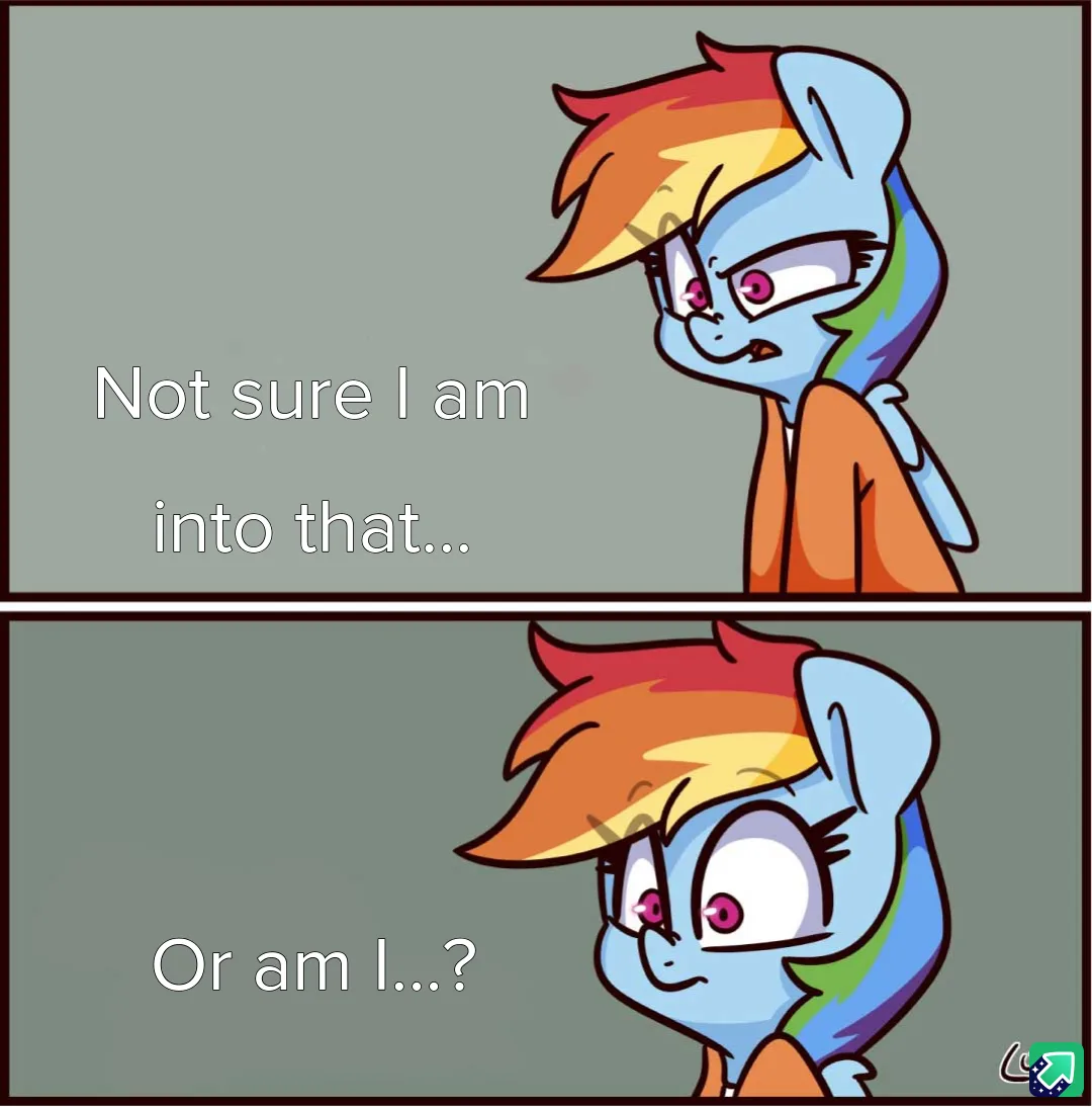 A two-panel meme featuring the character Rainbow Dash from My Little Pony. In the top panel, she looks skeptical with…