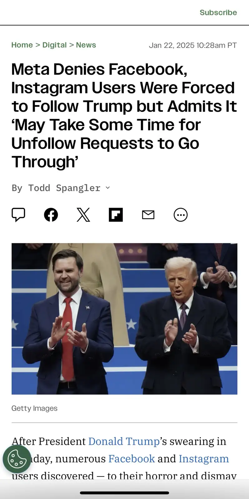 A screenshot of a fake news article from a digital news site dated Jan 22, 2025, with the headline 'Meta Denies Facebook…