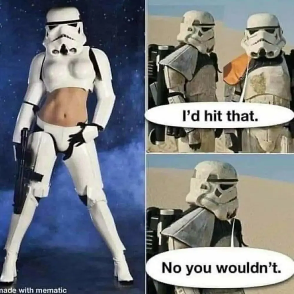 The image shows a female stormtrooper in a revealing white outfit with a starry background on the left, and on the right…