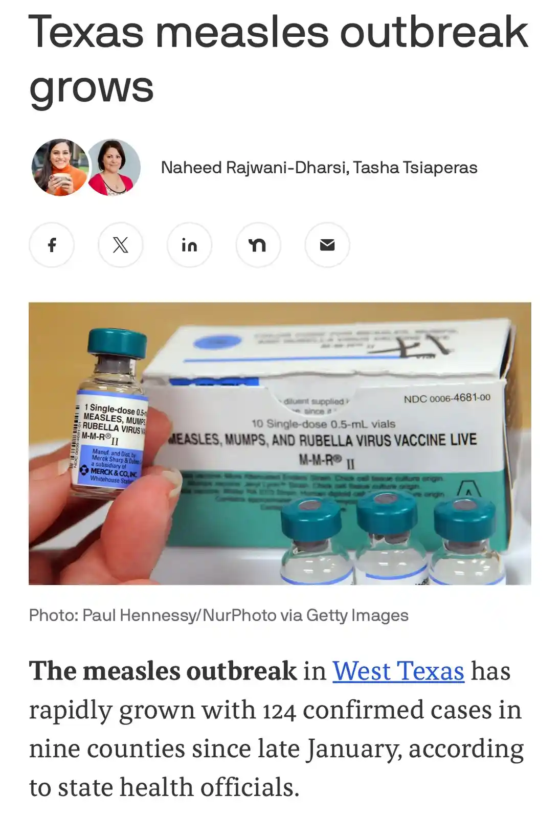 A screenshot of a news article about a measles outbreak in Texas, featuring a photo of a hand holding a vial of M-M-R II…
