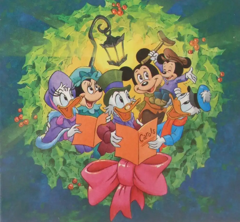 A festive illustration shows Mickey Mouse, Minnie Mouse, Donald Duck, Daisy Duck, and Goofy gathered inside a large holly…