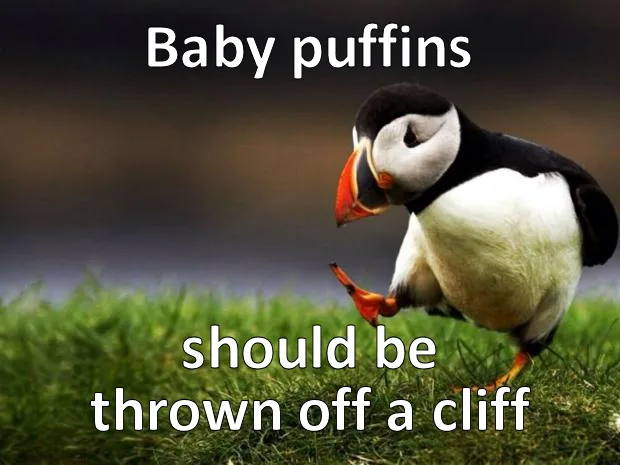A baby puffin stands on green grass, looking down with a slightly sad or resigned expression. White text at the top reads…