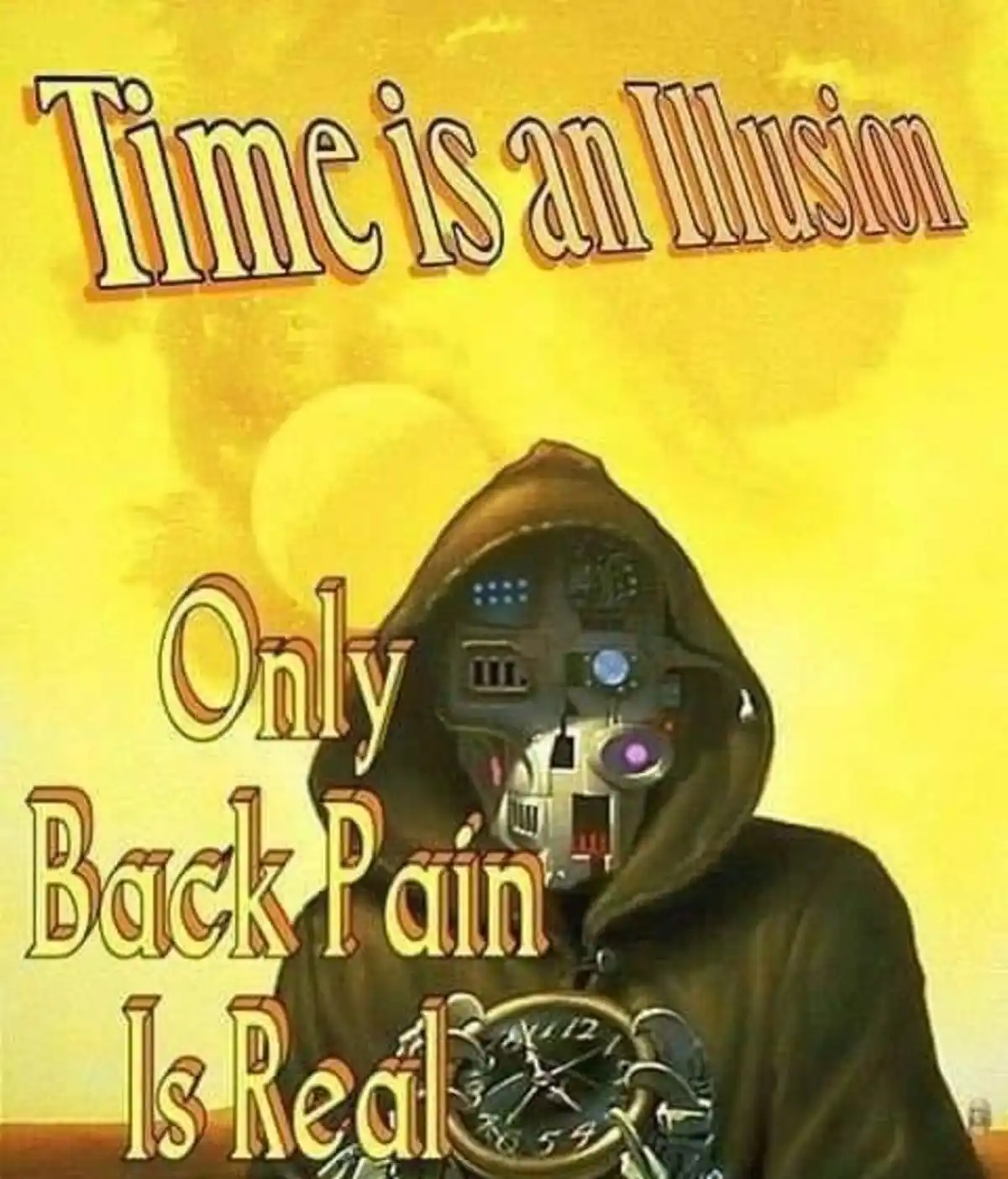 A hooded figure with a robotic, clockwork face and a broken pocket watch holds a broken pocket watch against a yellow…