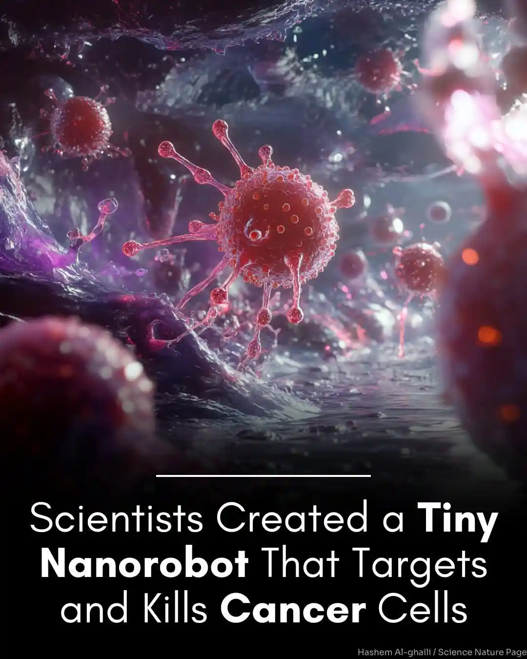 The image shows a stylized, glowing red virus-like particle with spiky protrusions floating in a dark, watery environment…