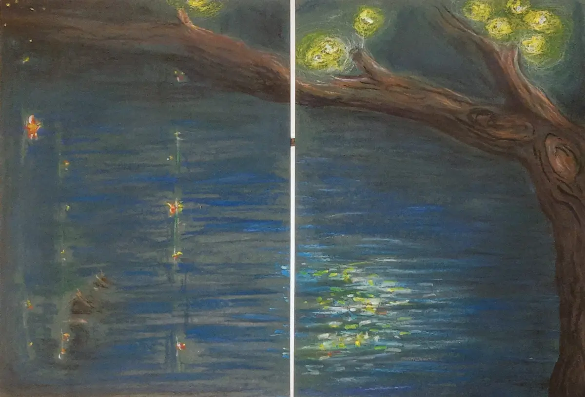 The image shows a split painting of a tree over water, with the left side depicting a dark, blurry tree and water with faint…