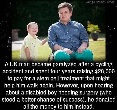 A man in a wheelchair sits beside a smiling young boy in a yard; overlaid text tells the story of the man donating his saved…