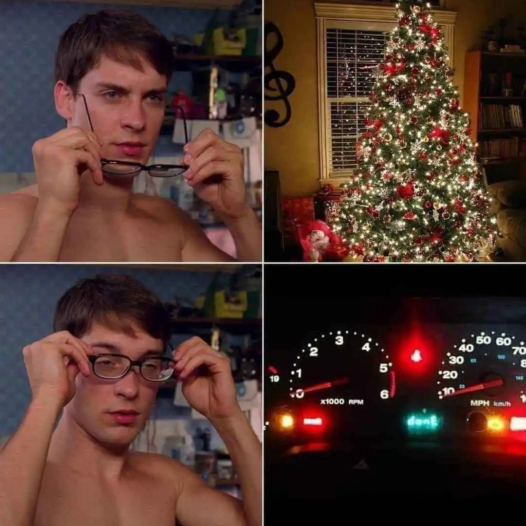 A four-panel meme: top-left shows a shirtless man holding his glasses; top-right shows a lit Christmas tree; bottom-left…