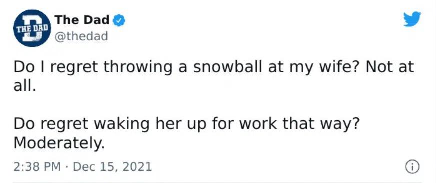 A screenshot of a tweet from the verified Twitter account 'The Dad' (@thedad) dated Dec 15, 2021. The tweet humorously…