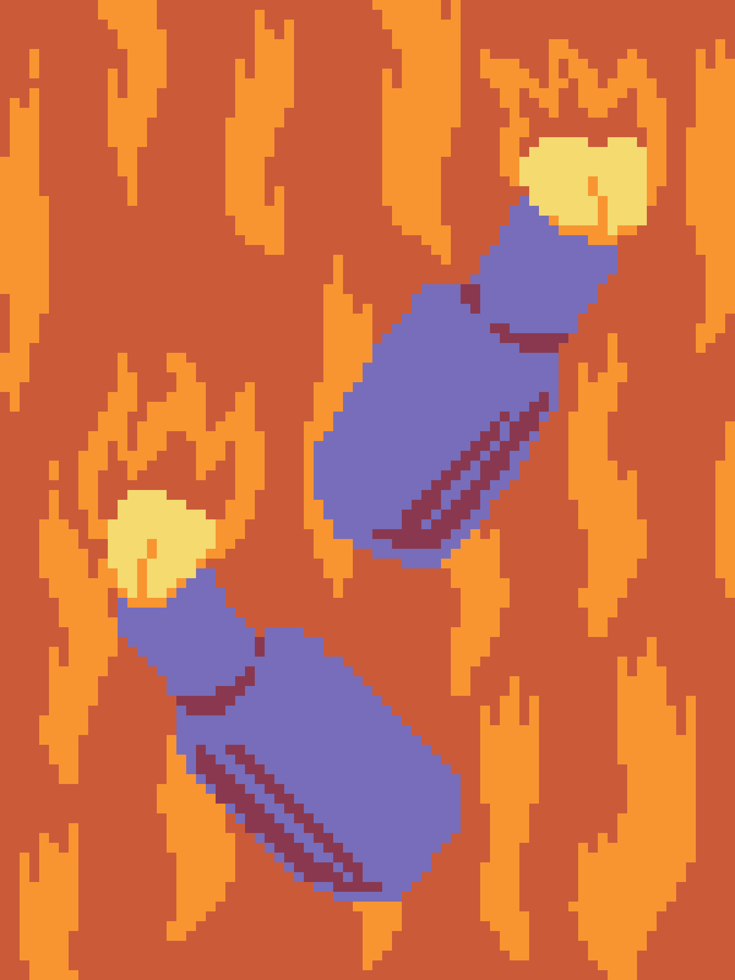 A pixelated image shows two purple, egg-shaped objects with dark red belts, surrounded by orange flames against a…