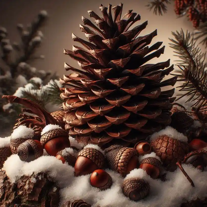 A large, detailed pinecone sits prominently in the center of a snowy forest floor, surrounded by numerous acorns and pine…