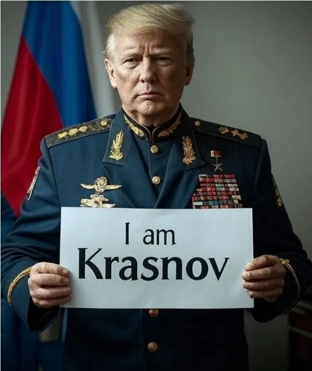 A digitally altered image shows Donald Trump wearing a dark blue Russian military uniform with gold epaulets, medals, and…
