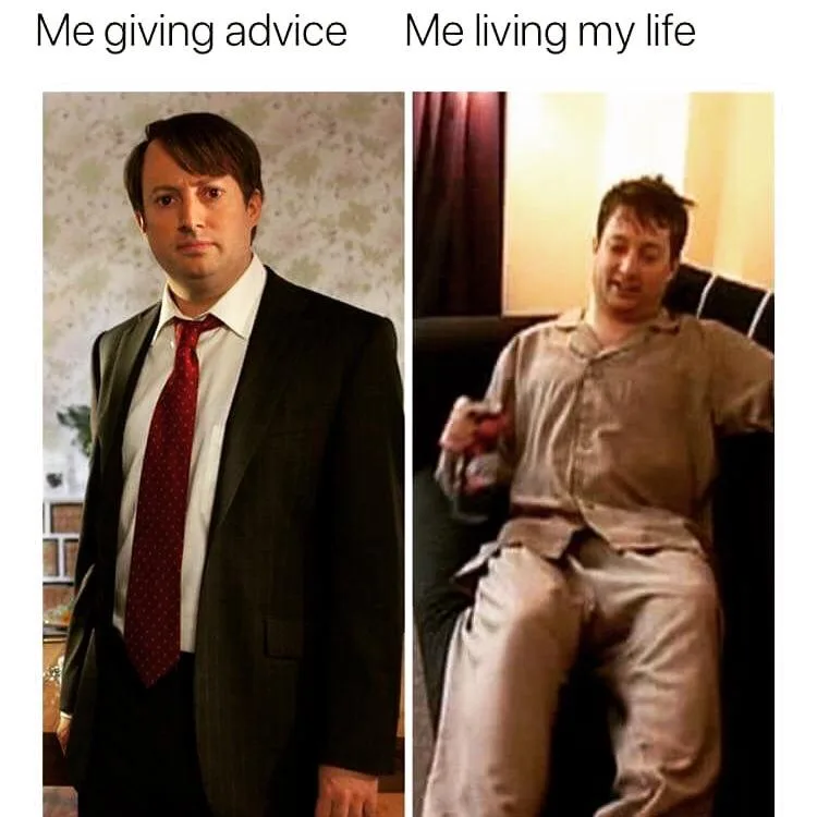 The image is split into two panels. Left: A man in a dark suit and red tie stands formally with a serious expression. Right…