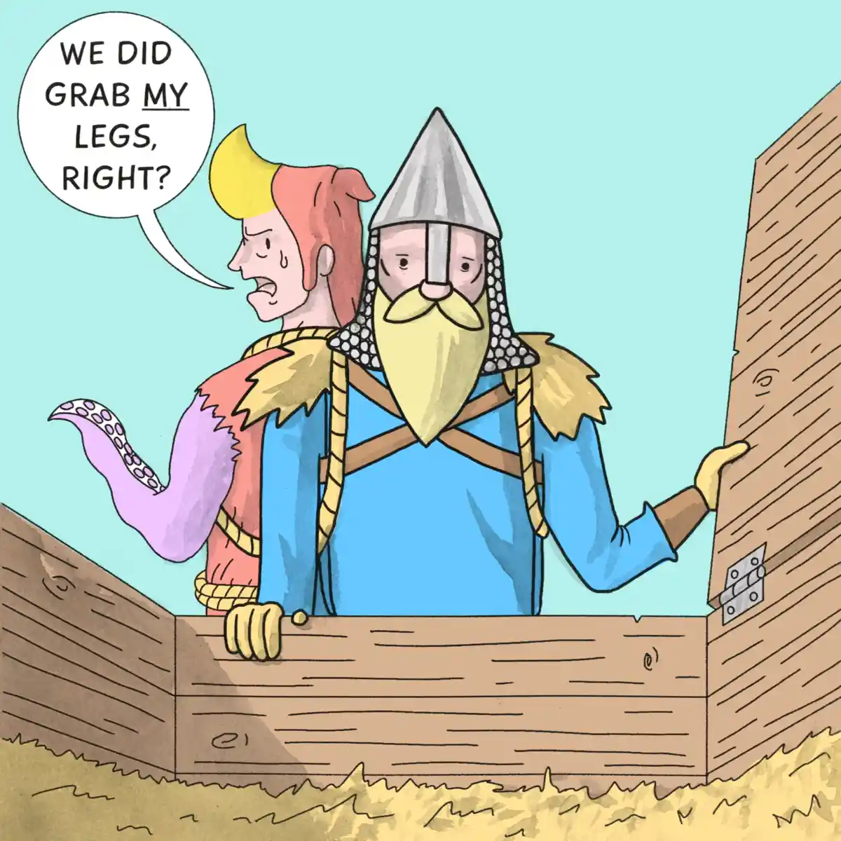 Two cartoon characters, one with a purple tentacle and red hair, and another in a blue tunic and conical helmet, are stuck…