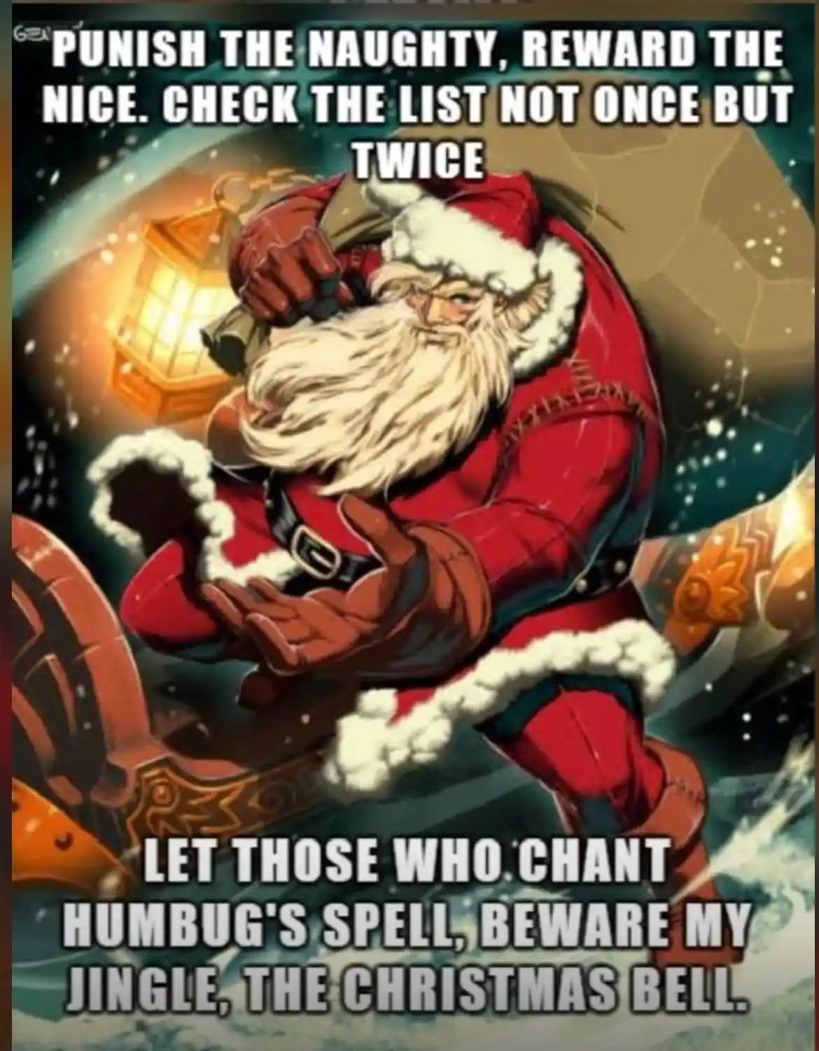 An illustration of Santa Claus in a red suit with white fur trim, holding a lantern and gesturing with his other hand, set…