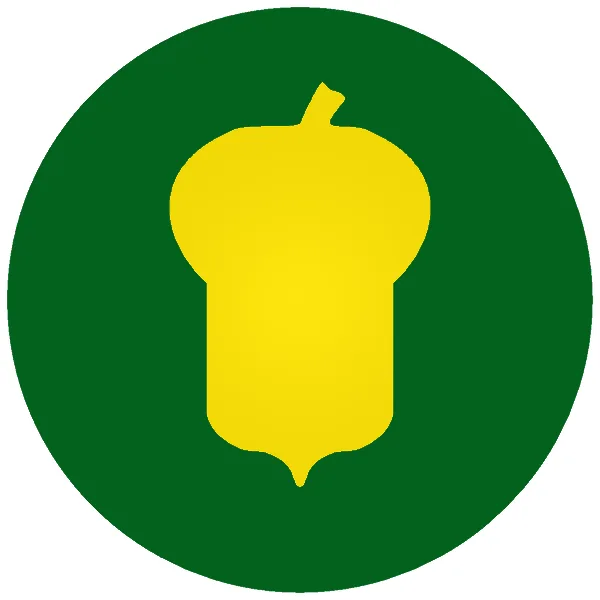 A yellow, stylized apple-shaped icon with a stem, set against a solid dark green circular background. The image is…