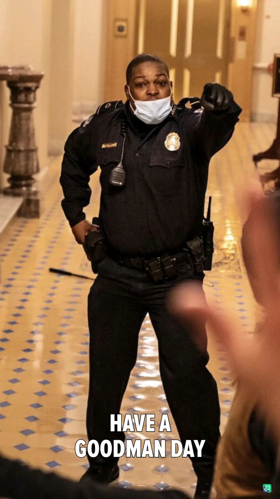A police officer in uniform, wearing a face mask and holding a fist up, stands in a hallway with a patterned floor. The text…