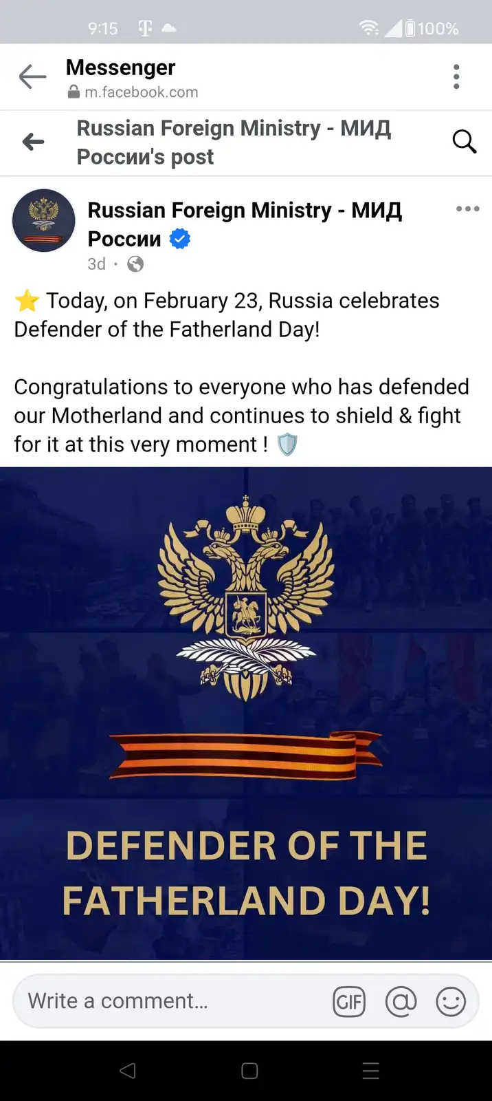 A screenshot of a Russian Foreign Ministry Facebook post celebrating 'Defender of the Fatherland Day' on February 23…