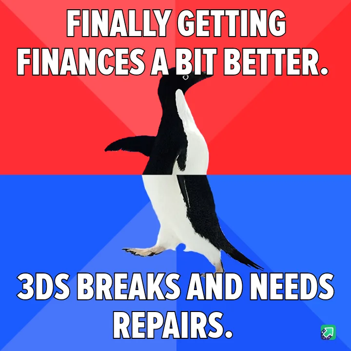 A penguin stands centered against a red and blue background, split horizontally. The top half has white text reading…