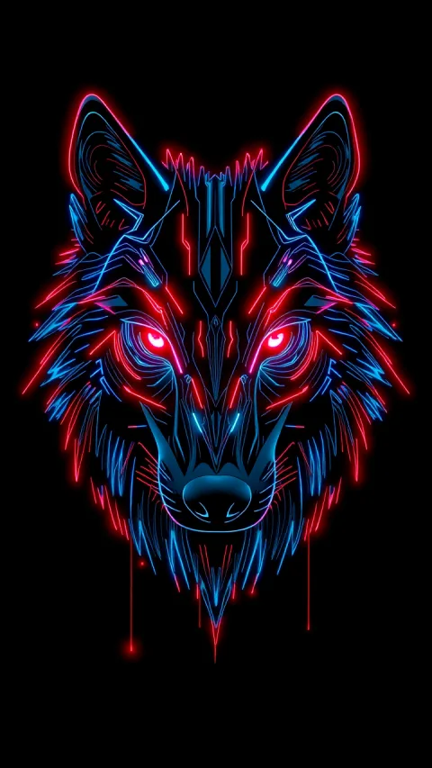 A stylized wolf head rendered in glowing neon blue and red lines against a black background, with glowing red eyes and…