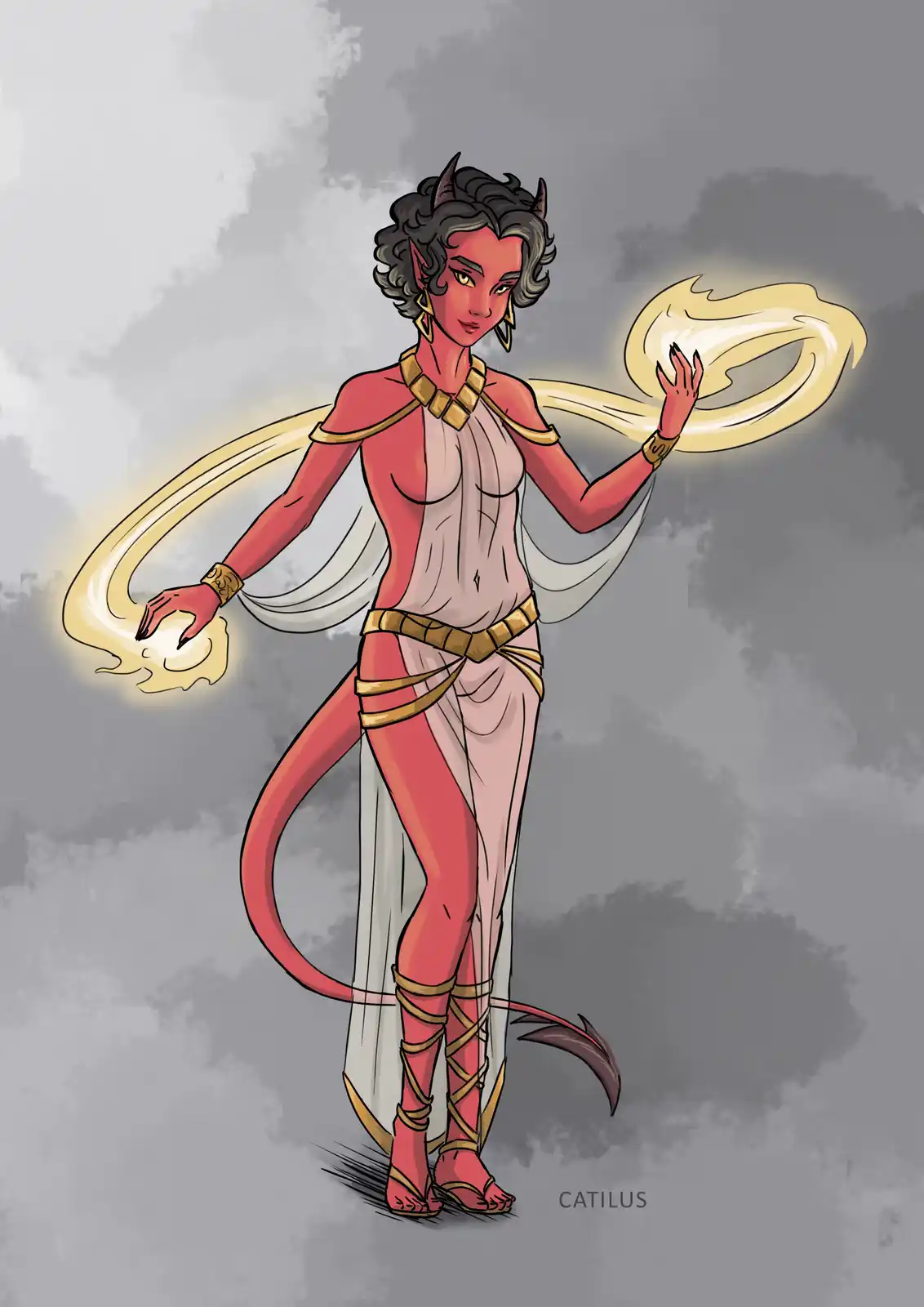 A red-skinned, horned, tail-bearing fantasy character with dark curly hair and pointed ears stands against a cloudy gray…