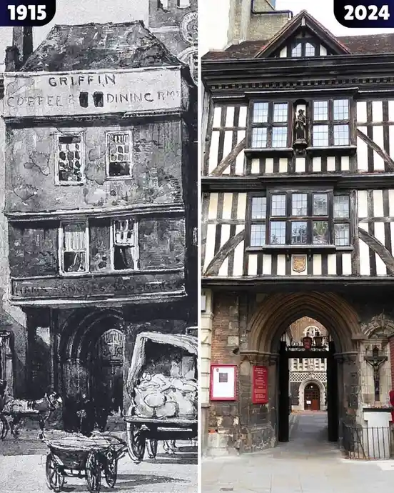 A side-by-side comparison shows a dilapidated, black-and-white 1915 illustration of a building labeled 'GRIFFIN COFFEE &…