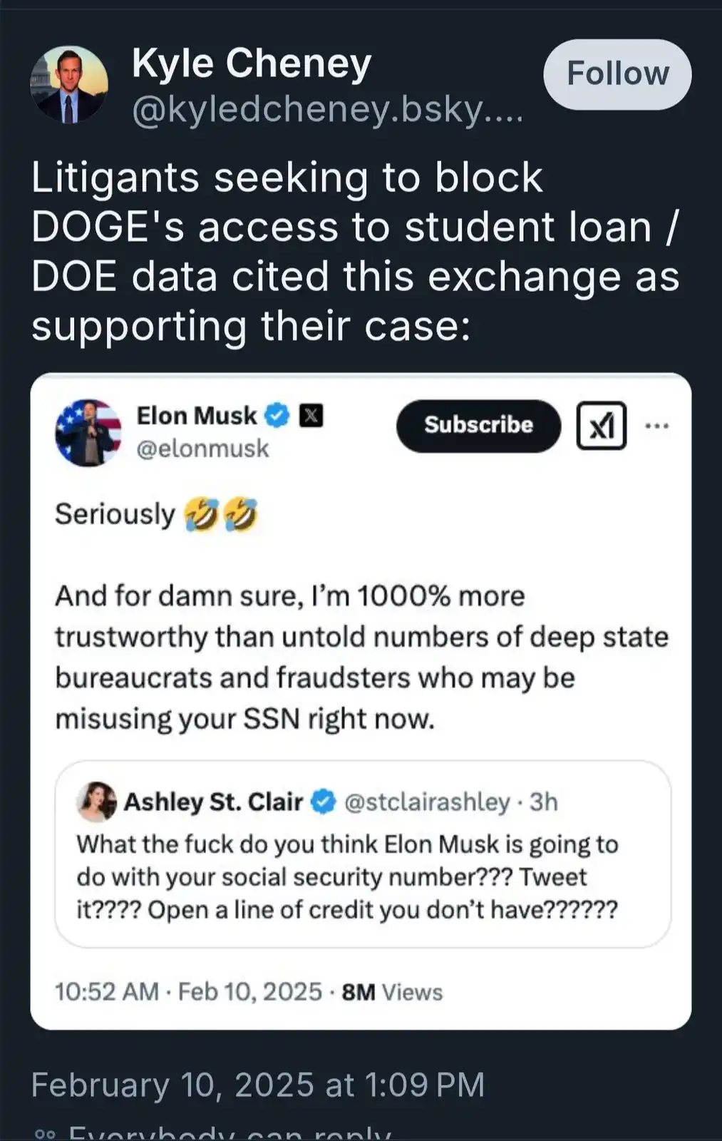A screenshot of a social media post by Kyle Cheney showing a tweet from Elon Musk claiming he's more trustworthy than…