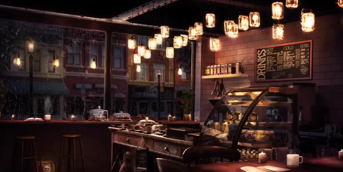 A cozy, warmly lit coffee shop at night with rain streaking the windows, mason jar pendant lights, a wooden counter with…