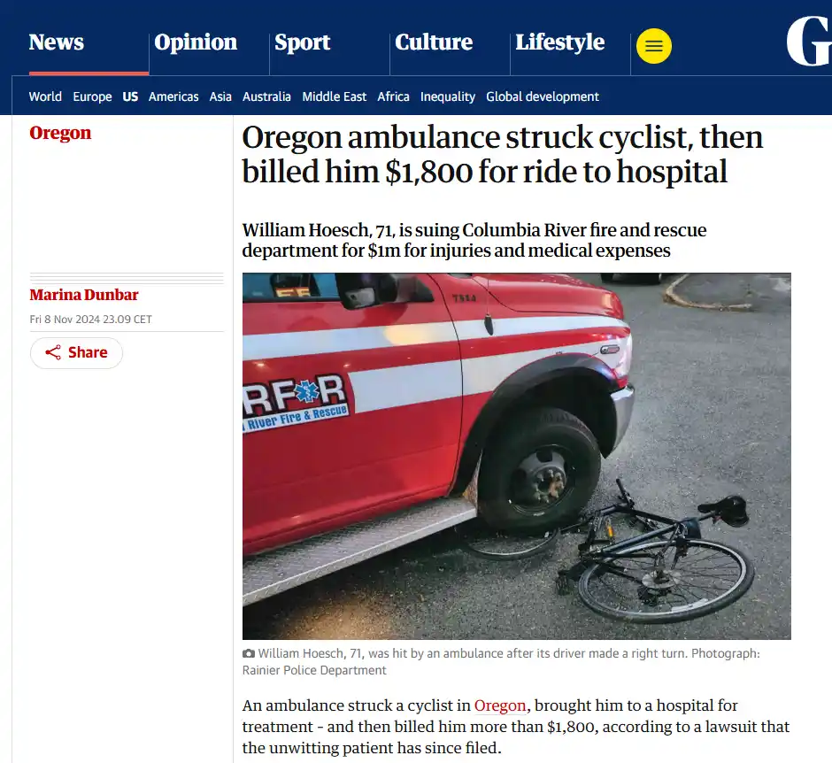 A news article screenshot shows a red Columbia River Fire & Rescue ambulance with a bicycle lying on the pavement beside its…