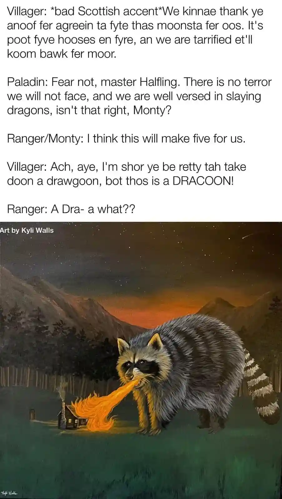 A painting depicts a raccoon breathing fire at a small house in a mountainous, starry night setting. The image is overlaid…